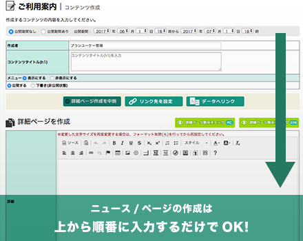 ニュース/ページの作成は上から順番に入力するだけでOK!!